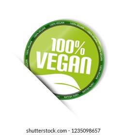 Vegan 100% - Green Round Button With Leaf - Vector Illustration - Isolated On White Background