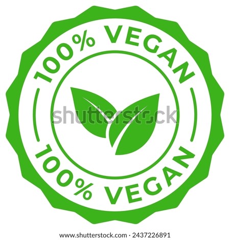 Vegan 100 label vector icon illustration for product package. Vegetarian green logo, symbol, badge, tag, stamp, seal. Natural organic eco product sticker, mark, tag or emblem isolated.