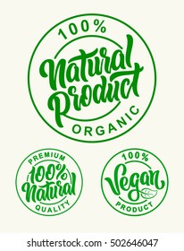 Vegan 100% Natural Product Vector Set Lettering Stamps Illustration.