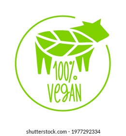 Vegan 100 percent, icon. Plant based food. Beyond meat. Vegetarian sign. Emblem for packing with steak, sausages, hamburger, cutlet, minced meat.