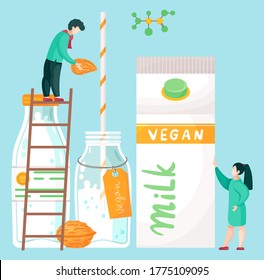 Vegan almond milk concept. Bottles, package with organic natural free dairy product. Whole walnut. Man standing at ladder, put nut into milk in bottle with label and straw. Woman control process