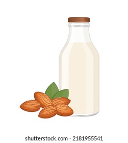 Vegan almond milk in glass bottle, alternative non dairy drink, vector Illustration on white background