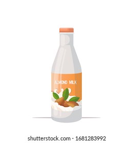 vegan almond plant based milk glass bottle organic dairy free natural raw vegan milk healthy cow beverage alternative isolated vector illustration