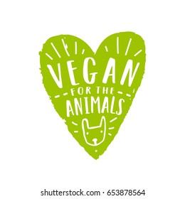 Vegan por los animales. Silueta verde del corazón y letras dibujadas a mano. 