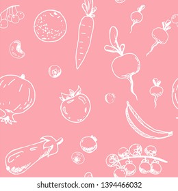 Vegan background design. Seamless pattern. Plants and food