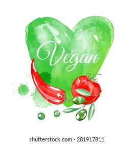 Vegan background. Watercolor background. Vegetarian food. Tomato, pepper, olives.