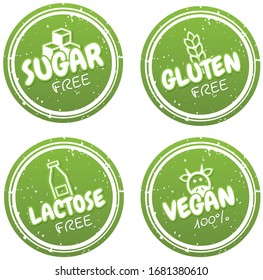 Vegan badges. Gluten, lactose, sugar free logo design templates. Healthy and natural.