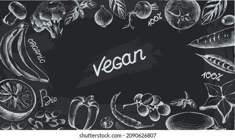 veganisches Banner auf Tafel mit weißem Kreide gemalt. Obst- und Gemüseanbau, veganische Küche. Veganschrift prangern. Set veganischer Illustrationen für das Menü