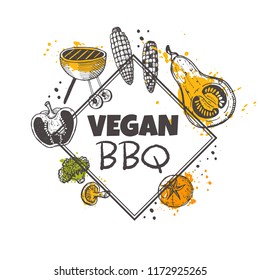 Vegan BBQ concept design. Grill house. Organic food. Hand drawn vector illustration. Can be used for menu, farmers market, shop, barbeque, truck, restaurant, cafe, bar, poster, label, sticker, logo.