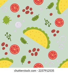 Vegan bean mexican fastfood taco seamless pattern. Perfect print for tee, paper, textile and fabric. Simple vector background for decor and design.



