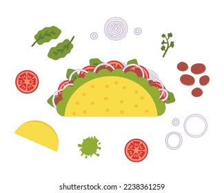 Vegan bean mexican fastfood taco recipe ingredients. Perfect for tee, stickers, menu and stationery. Isolated vector illustration for decor and design. 


