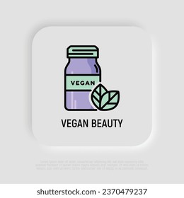 Vegan beauty thin line icon: glass bottle with leaf. Modern vector illustration for organic shop.
