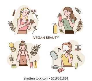 vegan beauty. Women are using cosmetics made from eco-friendly products. flat design style minimal vector illustration.