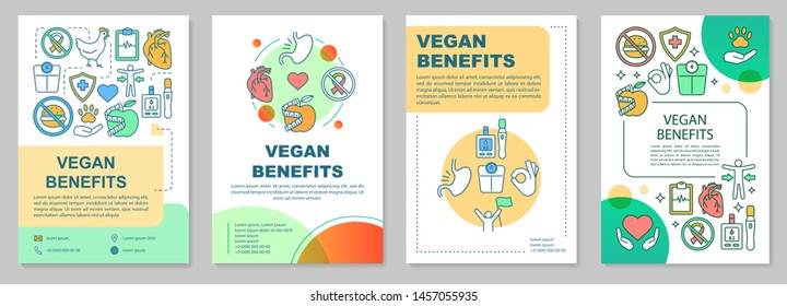 Vegan benefits brochure template layout. Vegetarian lifestyle advantages flyer, booklet print design with linear illustrations. Vector page layouts for magazines, annual reports, advertising posters
