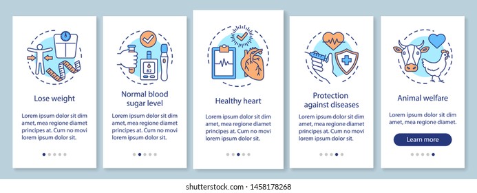 Vegan benefits onboarding mobile app page screen with linear concepts. Vegetarian lifestyle advantages walkthrough steps graphic instructions. UX, UI, GUI vector template with illustrations