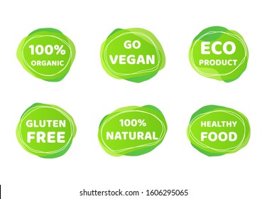 Vegan bio food logo set. Green organic product sticker design with doodle elements, eco nature friendly emblem frames. Vegan food symbols for stickers, labels and logos