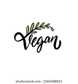 Vegan black color sign text and green color leaves. Vector art illustration isolated on white background.