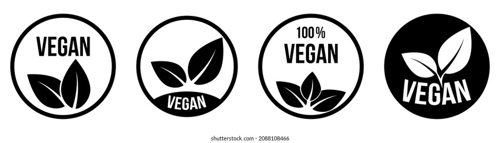 Vegan black icon set. Organic, bio, eco symbols. Vector illustration isolated on white background
