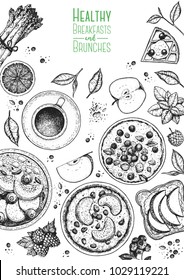 Vegan breakfasts top view frame. Vertical poster. Morning food menu, design. Breakfast and brunches dishes collection. Vintage hand drawn sketch, vector illustration. Engraved style illustration.