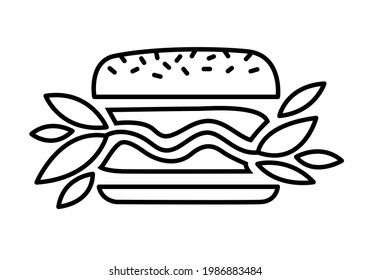 Vegan Burger Vector Black Line Icon. Plant Based Hamburger. Green Leaves Instead Of Meat Cutlet. Food Product Made From Plants.