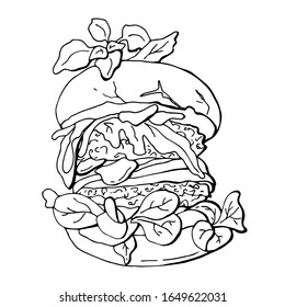 Vegan burger, without meat, with vegetables and whole grain buns. Vector single outline illustration. white background, isolation. Stock illustration.