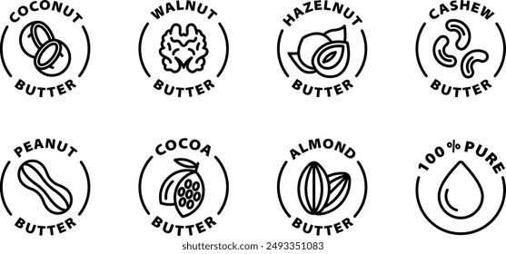 Vegane Butter-Icon-Set Kokosnuss-Nuss-Haselnuss-Cashew-Erdnuss-Kakao-Mandel-Butter-reine schwarze Umriss-Icon-runde Kreis-Abzeichen-Stempel-Etikett isoliert auf transparentem Hintergrund