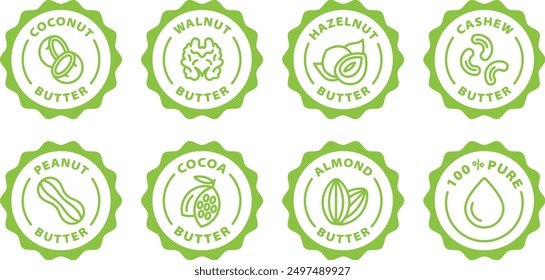 vegan butter icon set coconut walnut hazelnut cashew peanut cocoa almond butter pure black outline icon round rounded circle badge stamp label isolated on transparent background, green stamp, icon set