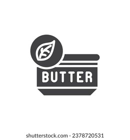 Icono vectorial Vegan Butter. signo plano relleno para concepto móvil y diseño web. Icono de glifo de mantequilla y hoja. Símbolo, ilustración del logotipo. Gráficos vectoriales