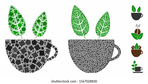 Vegan cafe composition of rough elements in various sizes and color tints, based on vegan cafe icon. Vector ragged elements are organized into composition.