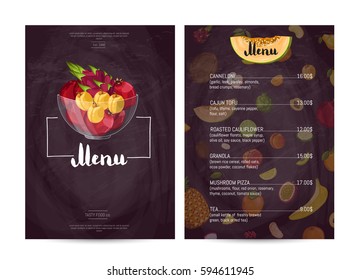 Vegan cafe food menu design vector illustration. Vegetarian restaurant menu, price catalog of healthy nutrition, natural sweet food, organic shop poster. Menu card template with fruit in glass bowl