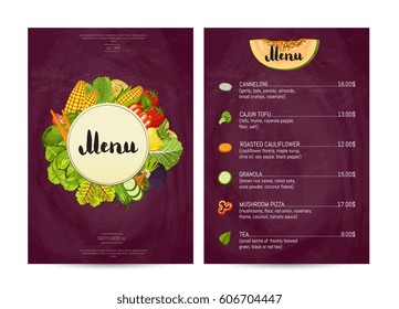 Vegan cafe food menu design vector illustration. Vegetarian restaurant menu, price catalog of vegan nutrition, organic food shop, healthy diet retail. Menu card template with vegetable elements