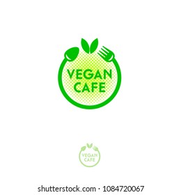 Vegan cafe logo. Green food emblem. Green leaves, fork and spoon on a green halftone background. Lettering design.