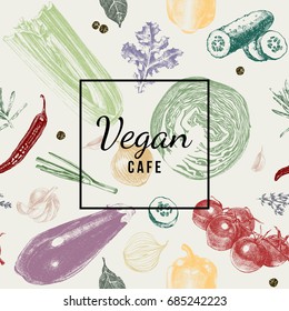 Logo de la cafetería vegana sobre fondo vegetal dibujado a mano. Ilustración vectorial en estilo vintage