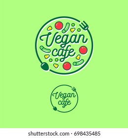 Vegan cafe logo. Snack bar or restaurant emblem. Fork, spoon and vegetables.