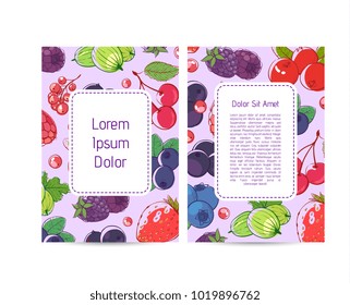 Vegan cafe menu design with ripe and fresh berries. Natural organic nutrition, healthy and sweet food. Raspberry, blackberry, strawberry, gooseberry, currant, blueberry and cherry vector illustration.
