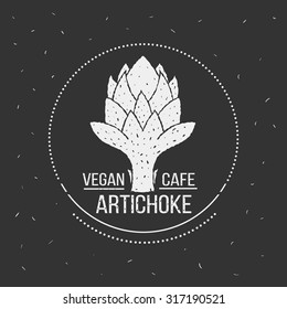Vegan cafe menu logo template. Vector food design. Logo for vegan cafe. Logo artichoke in chalk style. Logo for vegan or vegetarian street food. Hand drawn logo artichoke for menu. 