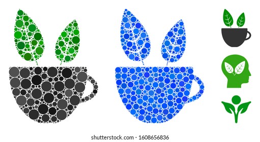 Vegan cafe mosaic of spheric dots in various sizes and color hues, based on vegan cafe icon. Vector dots are organized into blue mosaic. Dotted vegan cafe icon in usual and blue versions.