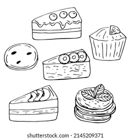 Vegan cakes set vector illustration, hand drawing doodles