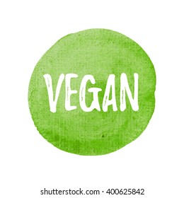 Vegan card, poster, logo, written on watercolor green background illustration
