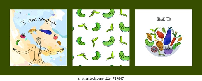 Vegan cards set. Standing young woman and fruits and vagetables. 100 % organic vegetables in the salad bowl. Cucumber and peas seamless pattern. Vector concept of healthy life. 