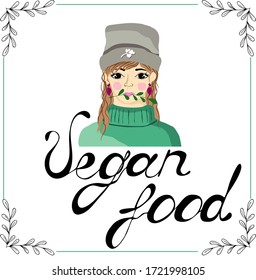 Vegan card.Vegetarian food. Vector graphic design. Green girl with branch. Natural food. For banners, posters, postcard, menu.