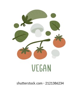 vegan. cartoon tomato, peas, champignon, hand drawing lettering. Colorful flat vector illustration. design for prints, posters, cards