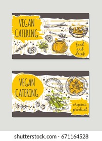 Vegan catering brochure flyer design. Retro background. Hand drawn vector illustration. Can be used for festival, menu, cafe, restaurant, bar, poster, banner, emblem, sticker, placard.