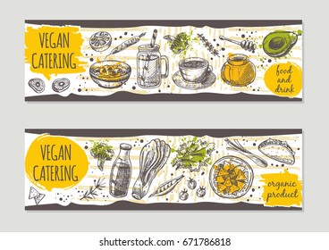 Vegan catering brochure flyer design. Retro background. Hand drawn vector illustration. Can be used for festival, menu, cafe, restaurant, bar, poster, banner, emblem, sticker, placard.