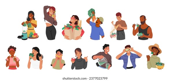 Vegan Characters Adopt A Plant-based Lifestyle, Abstaining From Animal Products In Their Diet And Daily Life, Driven By Ethical, Environmental, And Health Concerns. Cartoon People Vector Illustration