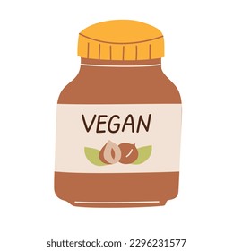 Vegan chocolate nut butter icon, vector doodle illustration of healthy plant-based spread, protein packed fortified food, dairy-free hazelnut butter, vegan nutella, isolated colored clipart