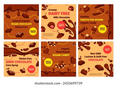 Vegan chocolate promotion, social media design. Healthy vegetarian sweet food advertising set. Sugar free product at color vector illustration. Organic brown snack without gluten