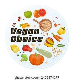 Vegan choice banner design with fruit, vegetables, cereal. Circle banner with fresh and healthy products. Vector illustration. Vegan lifestyle concept