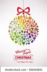 Vegan Christmas And Healthy Eating Card With Vegetables Icons In A Xmas Ball