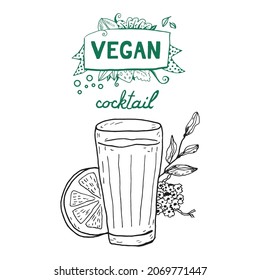Vegan cocktail vector illustration with lemon, elder flower, vintage style design, retro icon.